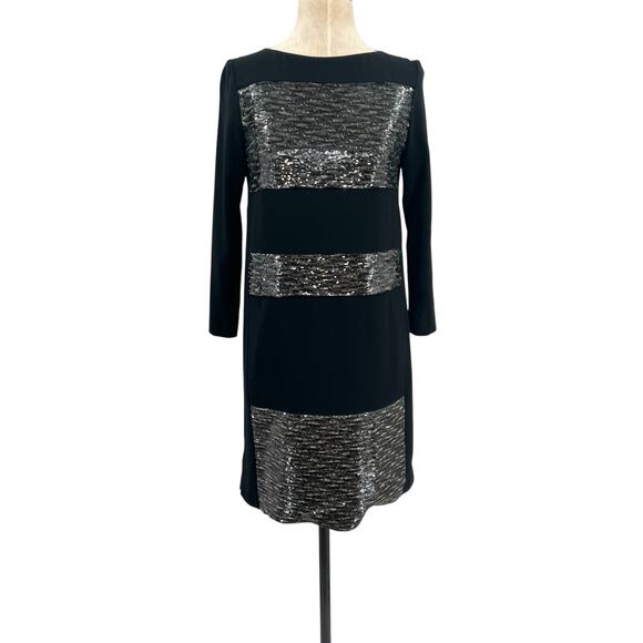 Gerard Darel Sequin Shift Dress Long Sleeve Black Silver Size 38 US 6 - Picture 1 of 13